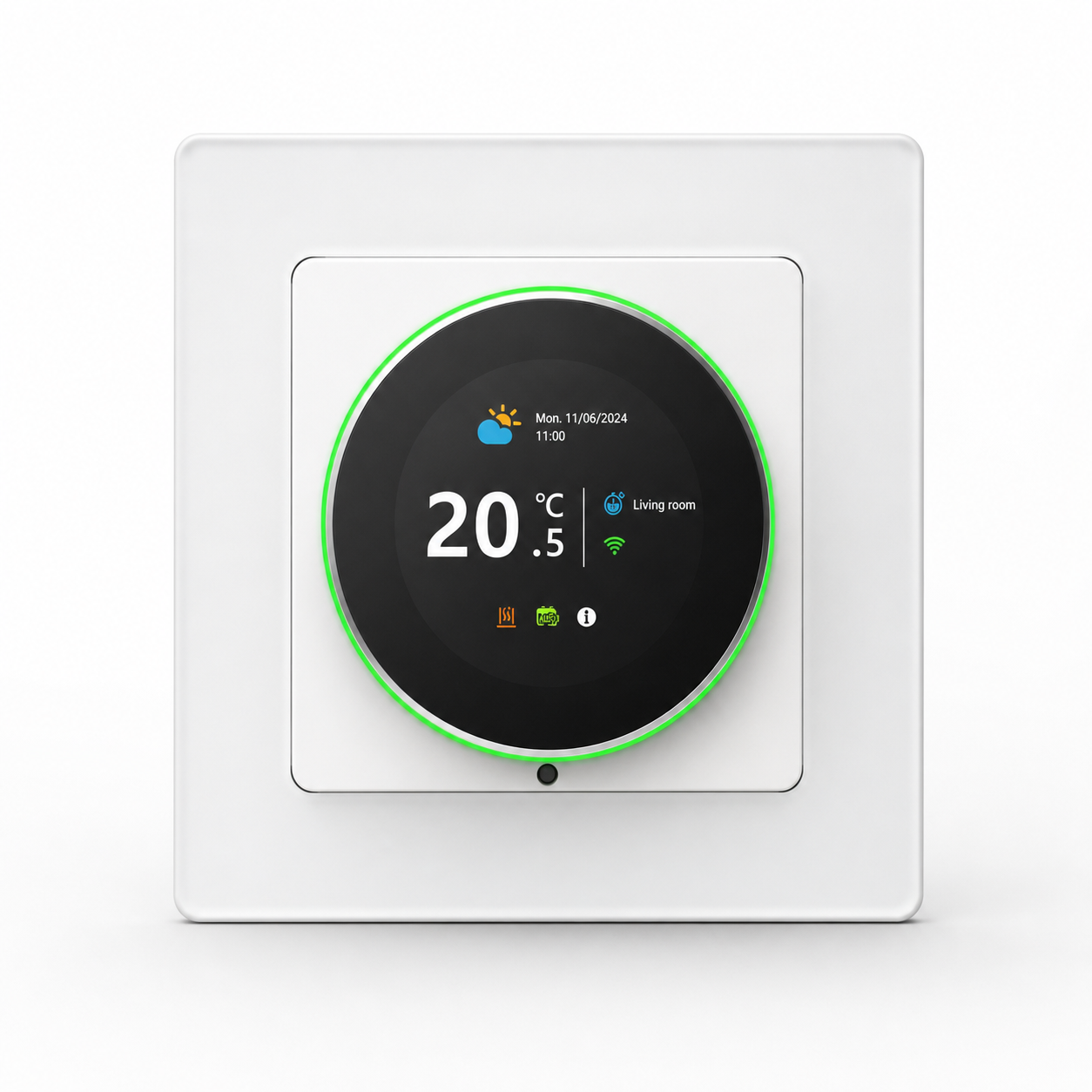 Studio front packshot of white rotary Wi-Fi thermostat with green LED ring
