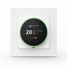 Studio front packshot of white rotary Wi-Fi thermostat with green LED ring