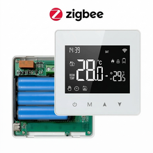 Thermostat Zigbee blanc à piles avec circuit électronique visible.