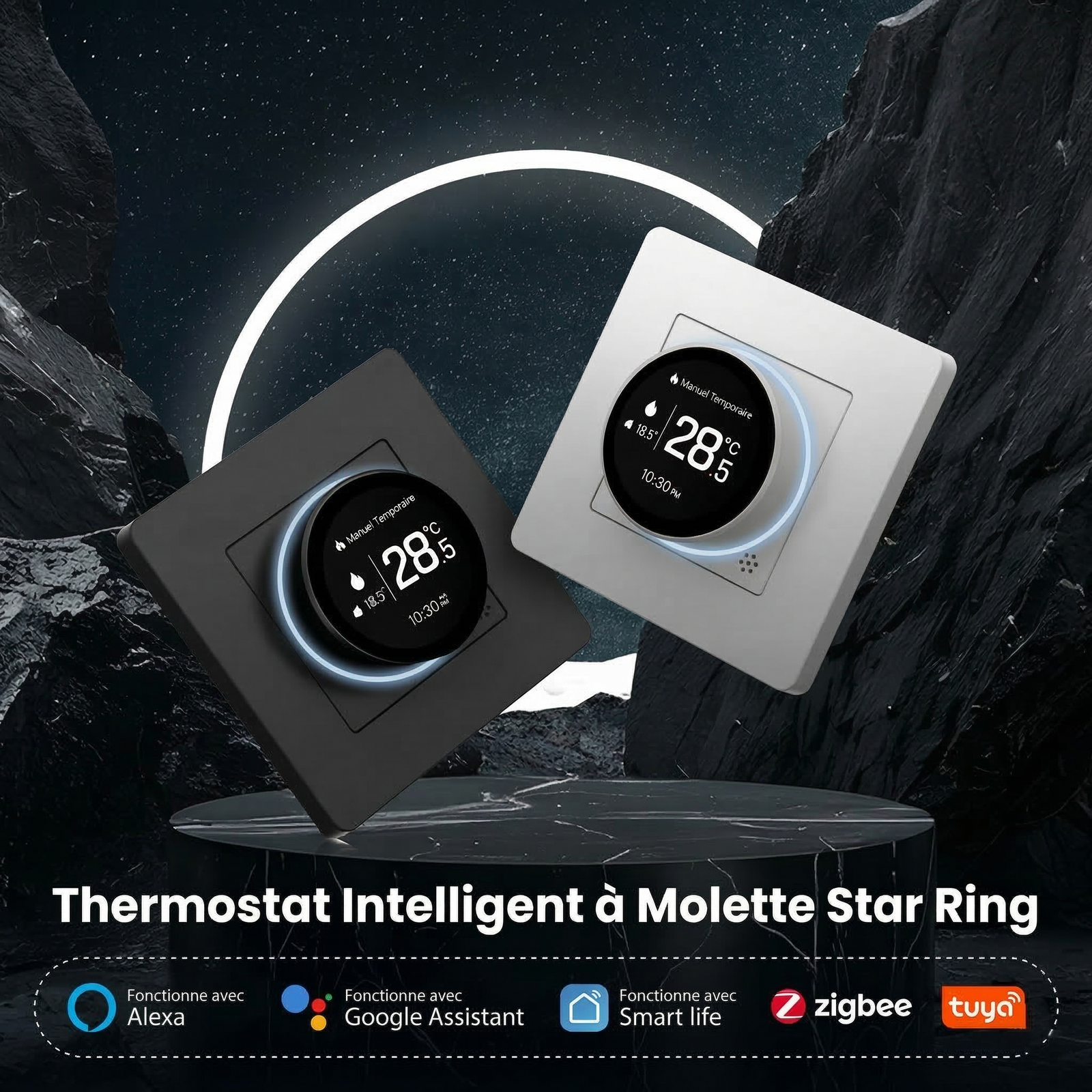 Thermostats à molette Noir Absolu et Blanc Pur avec halo lumineux.