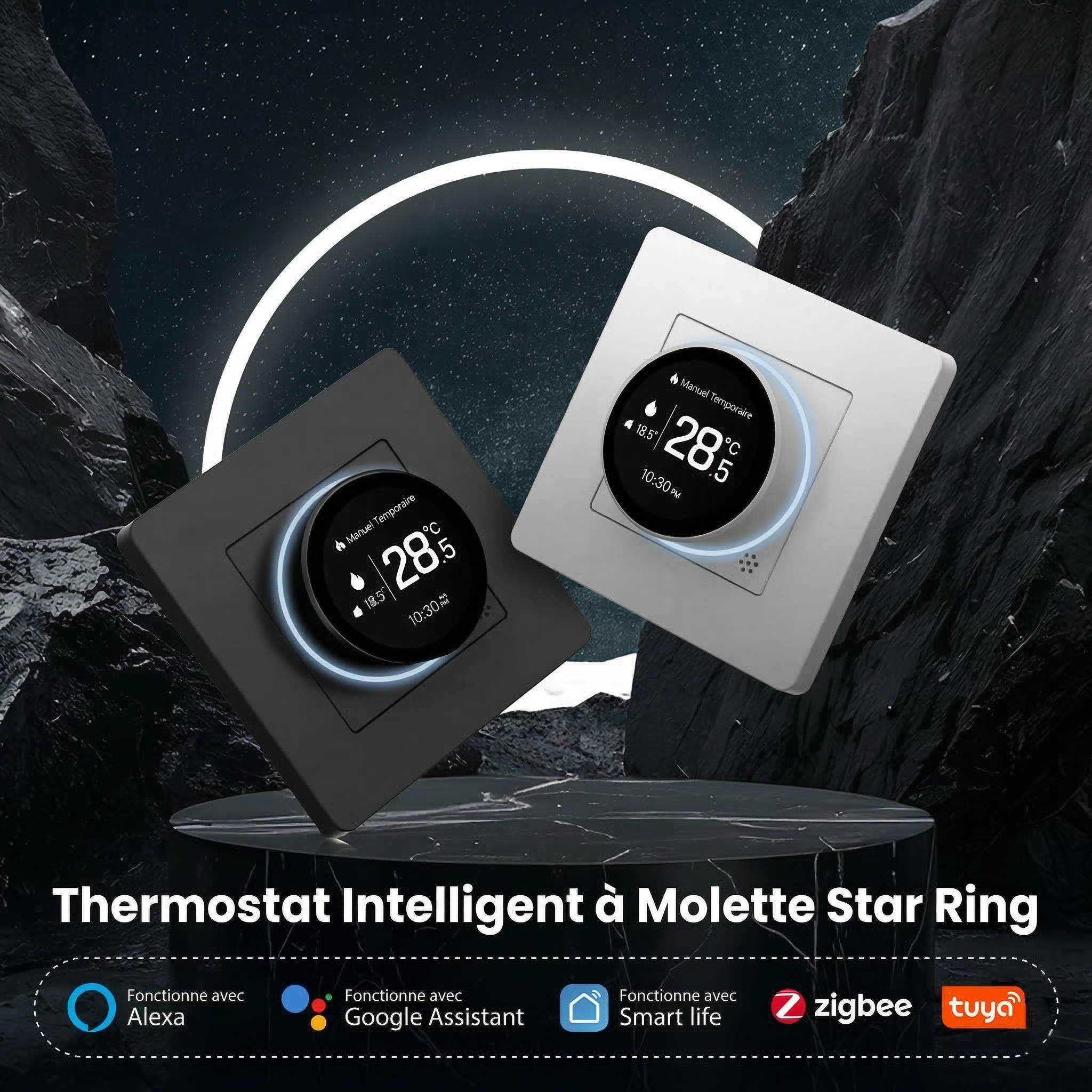 Thermostats à molette Noir Absolu et Blanc Pur avec halo lumineux.