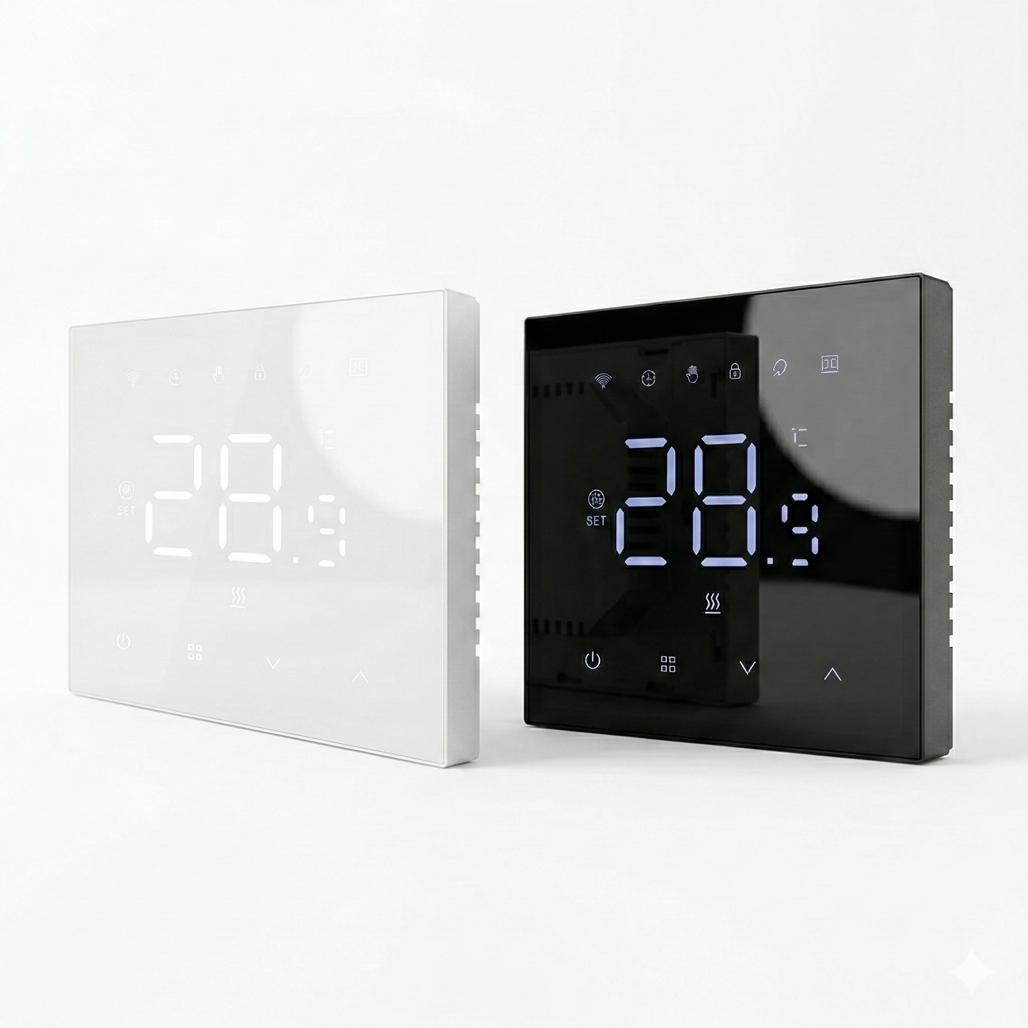 Deux thermostats muraux blanc et noir avec affichage LED.
