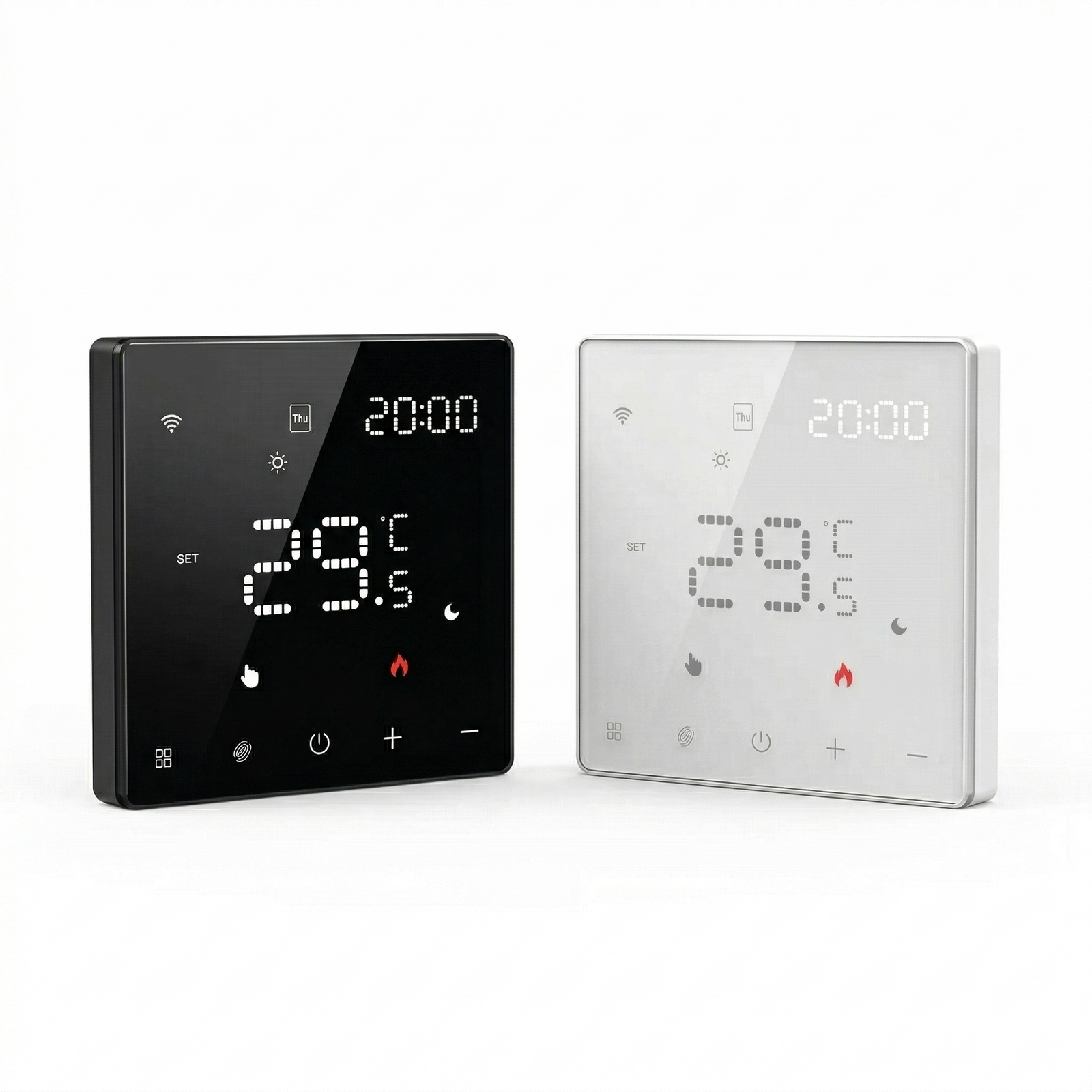 Thermostats muraux intelligents NéoPure Comfort noir absolu et blanc pur avec écran LED tactile.