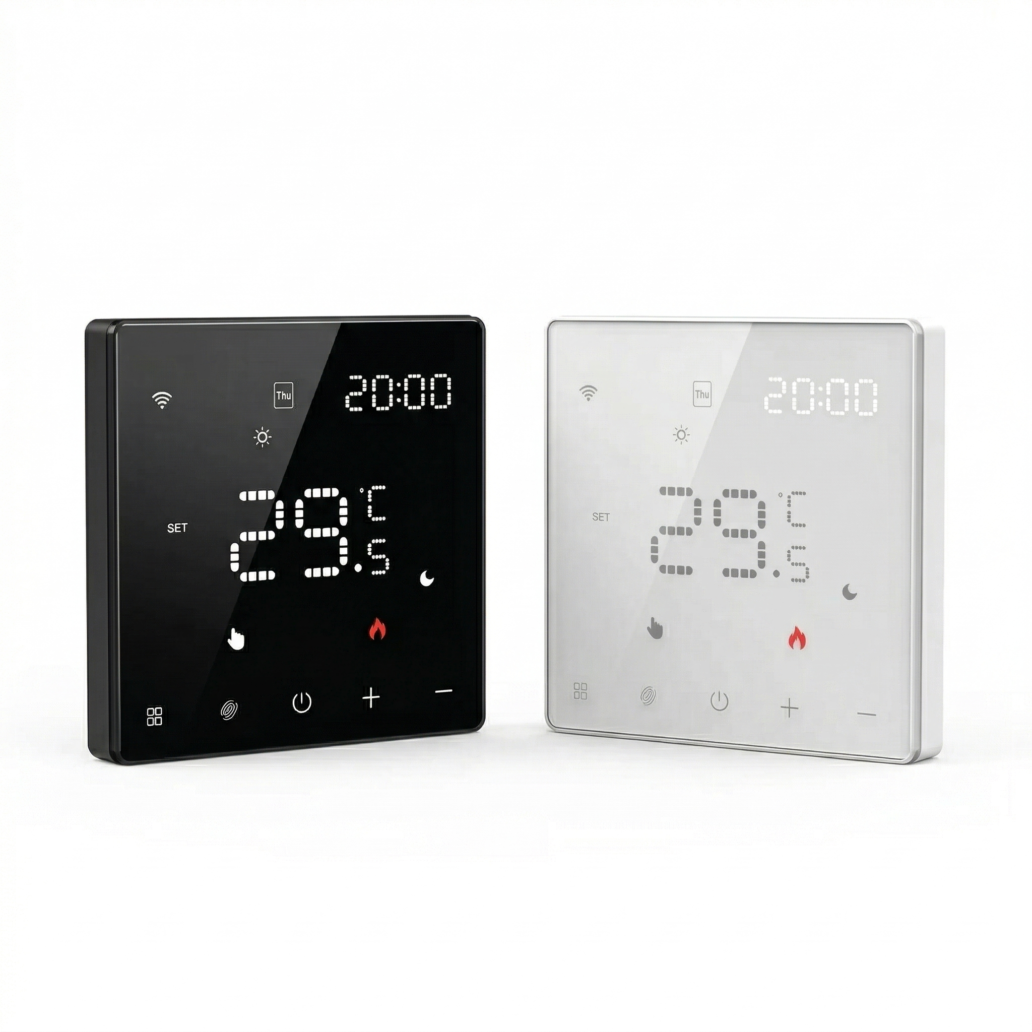 Thermostats muraux intelligents NéoPure Comfort noir absolu et blanc pur avec écran LED tactile.