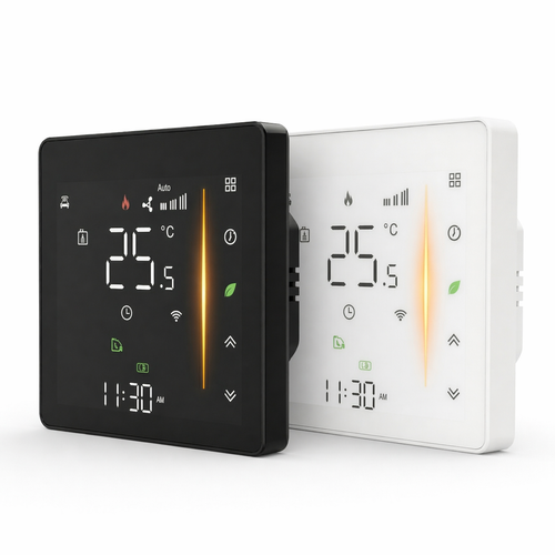 Thermostats muraux tactiles NéoGlass Comfort noir absolu et blanc pur avec écran LED couleur.