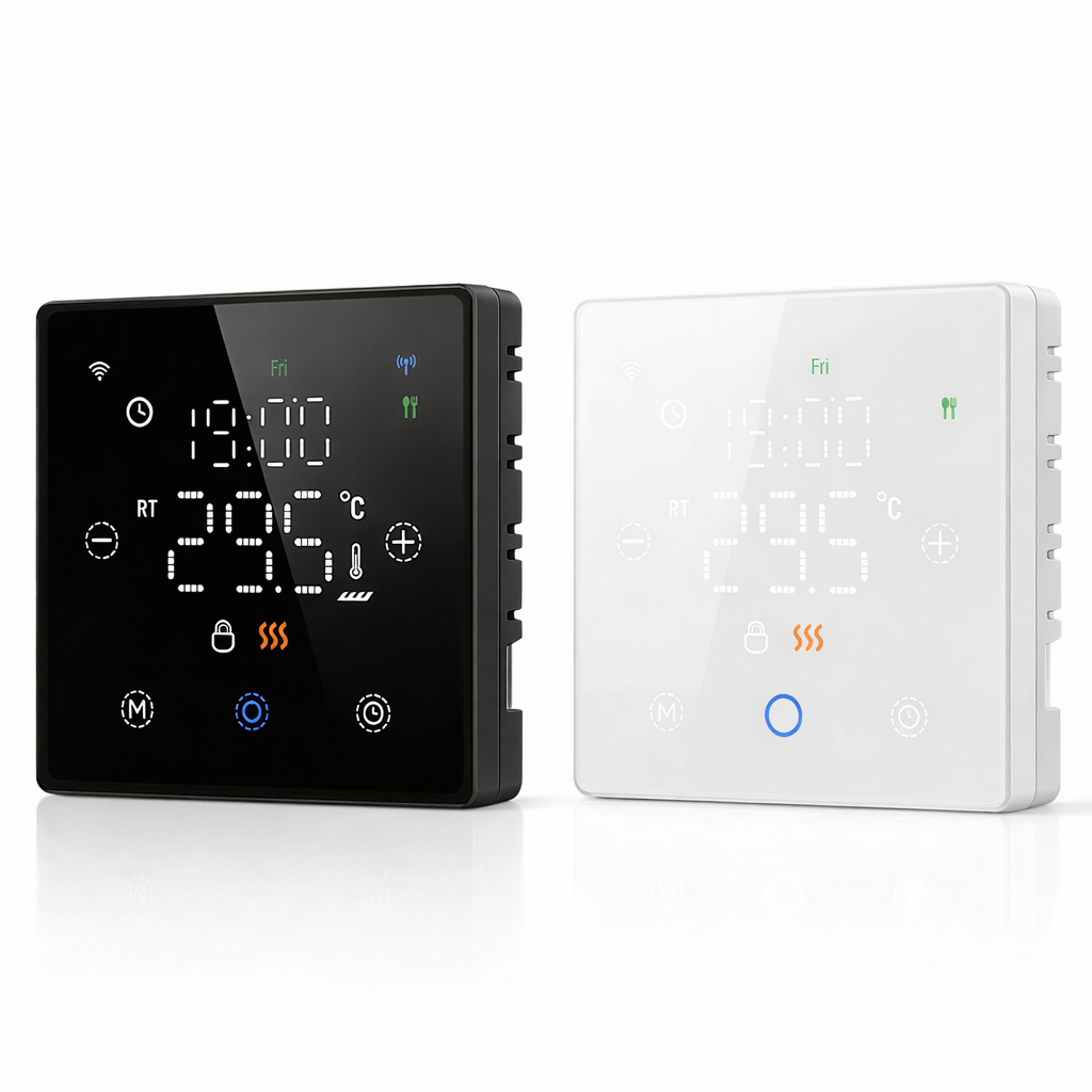 Thermostats sans fil NéoFree Comfort noir absolu et blanc pur pour chaudière gaz avec écran tactile.
