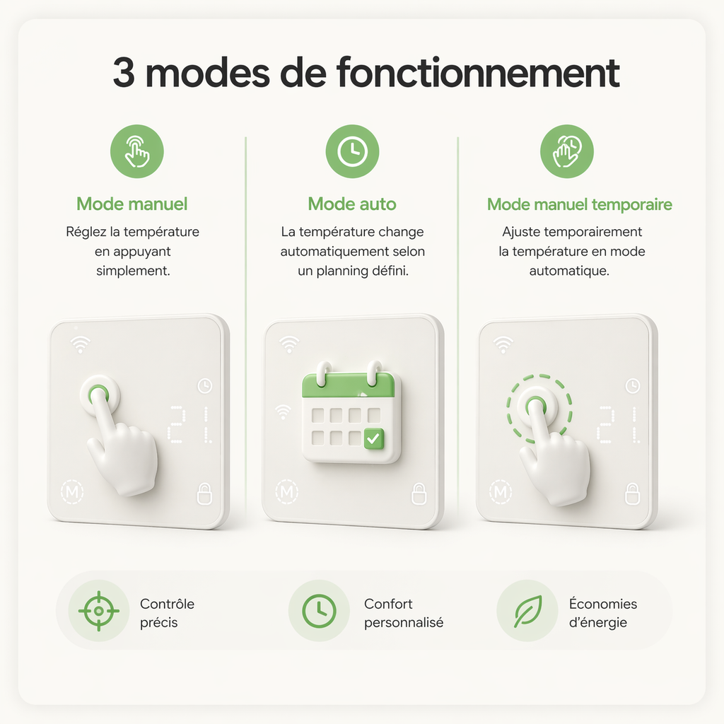 Infographie Neodom montrant les trois modes de fonctionnement du thermostat sans fil avec controle manuel et automatique.