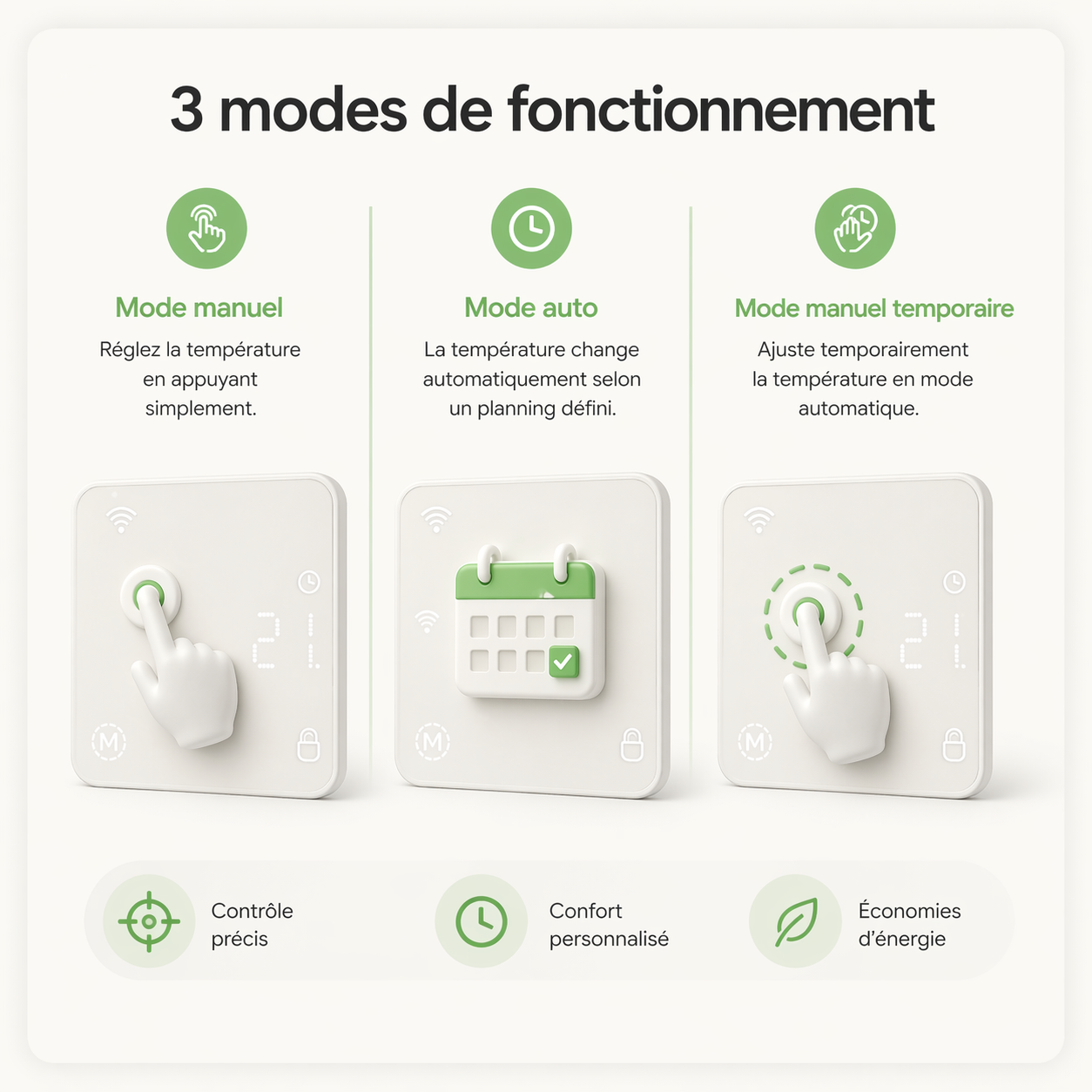 Infographie Neodom montrant les trois modes de fonctionnement du thermostat sans fil avec controle manuel et automatique.