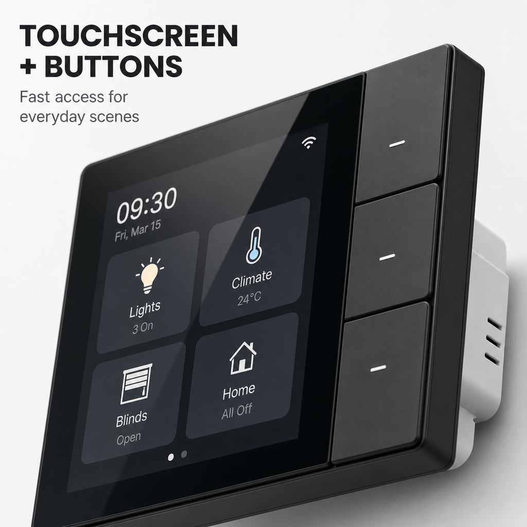 Gros plan sur ecran tactile et boutons de scene.