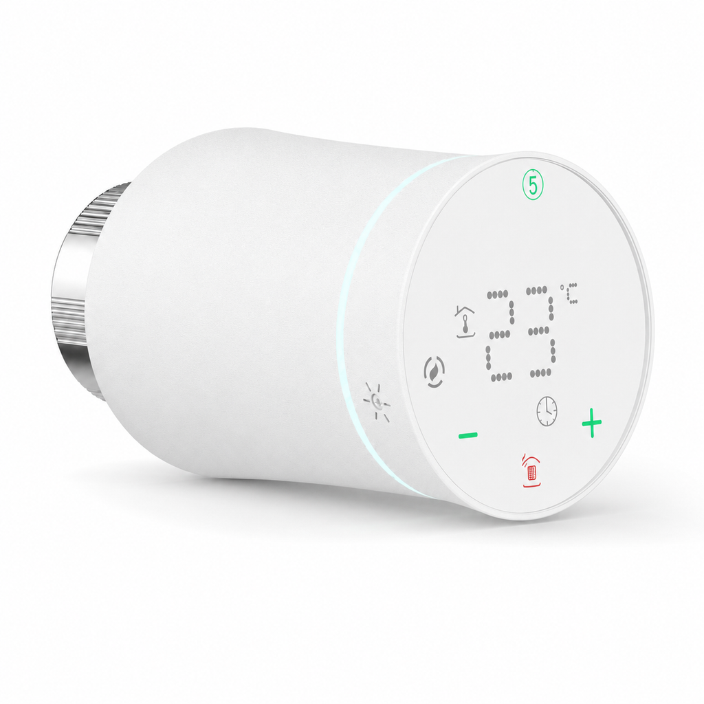 Vanne thermostatique NéoSoft Curve Comfort blanc pur avec écran LED, boutons tactiles et bague de fixation métallique.