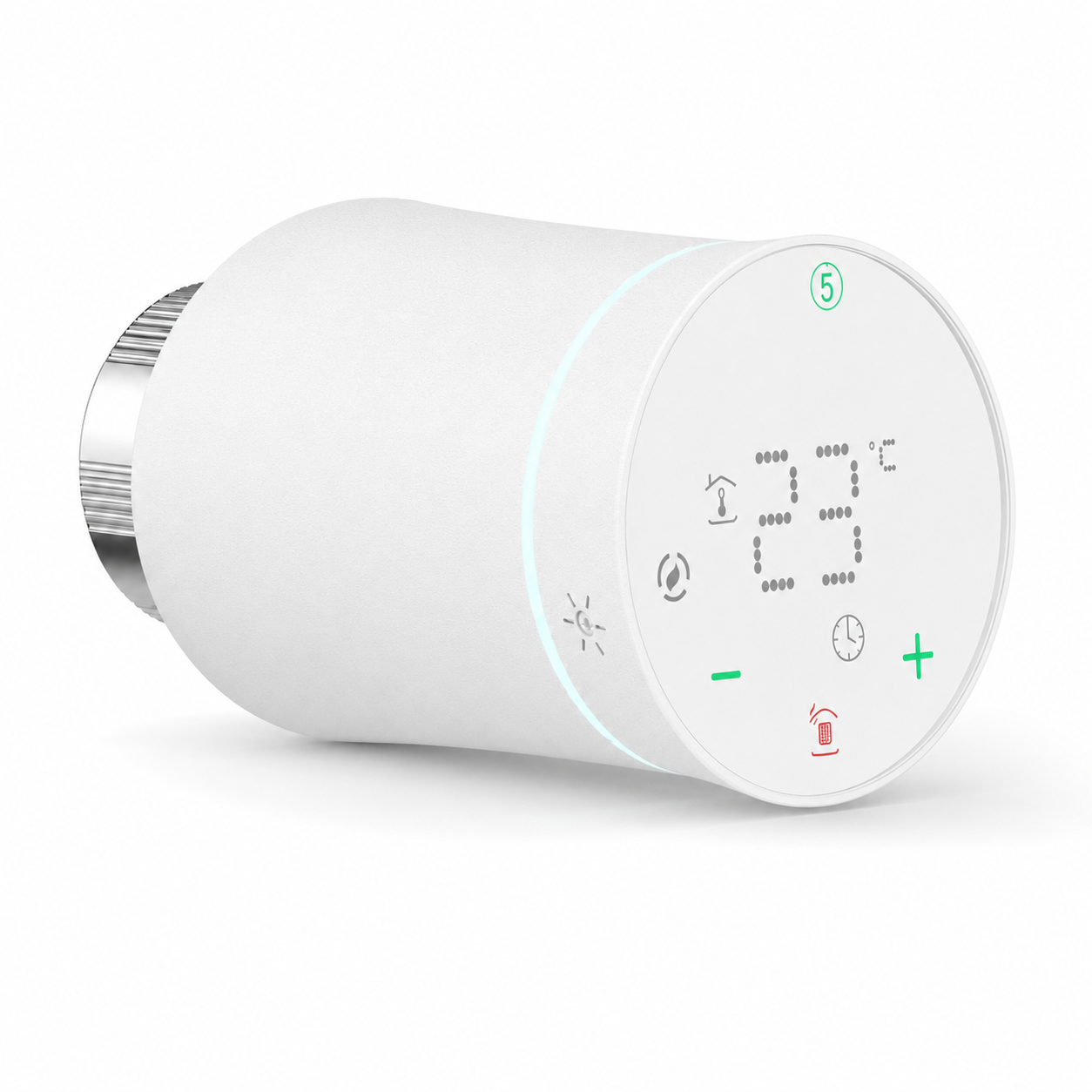 Vanne thermostatique NéoSoft Curve Comfort blanc pur avec écran LED, boutons tactiles et bague de fixation métallique.