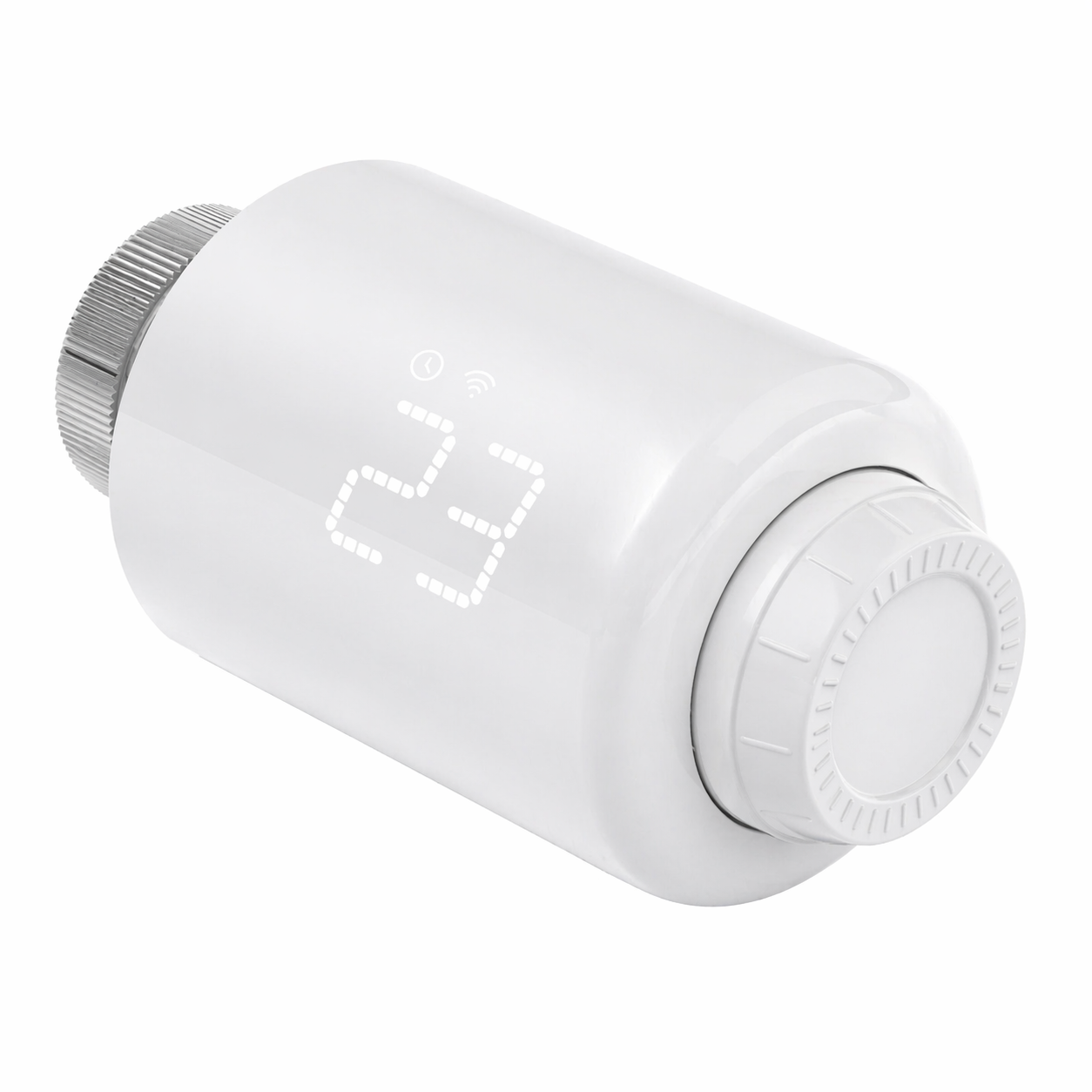 Vanne thermostatique NéoForce Comfort blanc pur vue en angle avec écran LED et molette crantée.