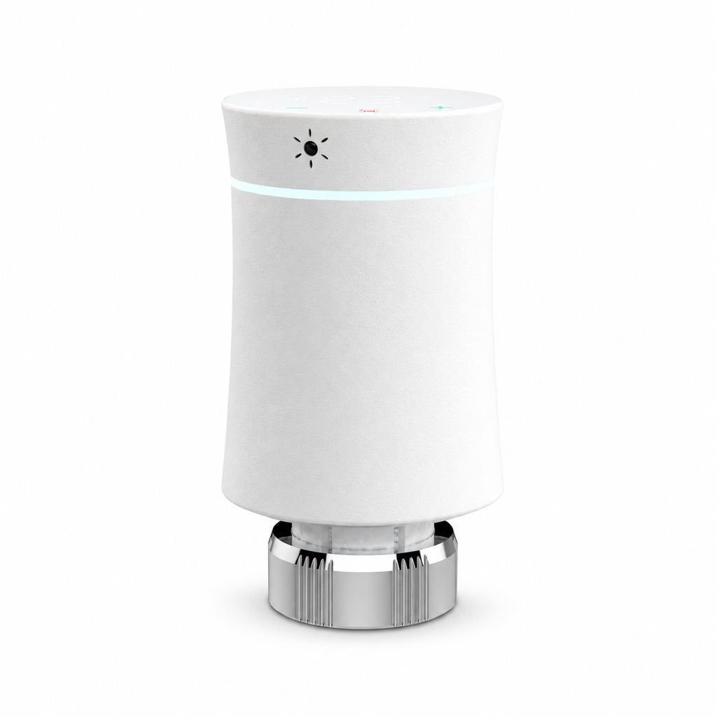 Vanne thermostatique NéoSoft Curve Comfort blanc pur vue arrière avec pictogramme soleil, anneau lumineux et bague métallique.