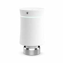 Vanne thermostatique NéoSoft Curve Comfort blanc pur vue arrière avec pictogramme soleil, anneau lumineux et bague métallique.