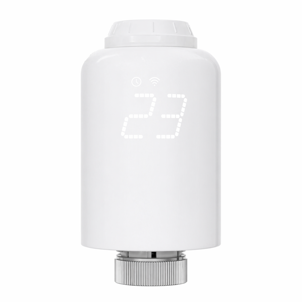 Vanne thermostatique NéoForce Comfort blanc pur vue de face avec écran LED et bague métallique.