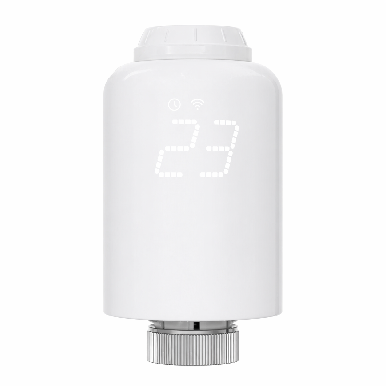 Vanne thermostatique NéoForce Comfort blanc pur vue de face avec écran LED et bague métallique.
