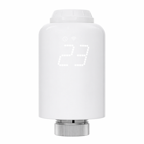 Vanne thermostatique NéoForce Comfort blanc pur vue de face avec écran LED et bague métallique.
