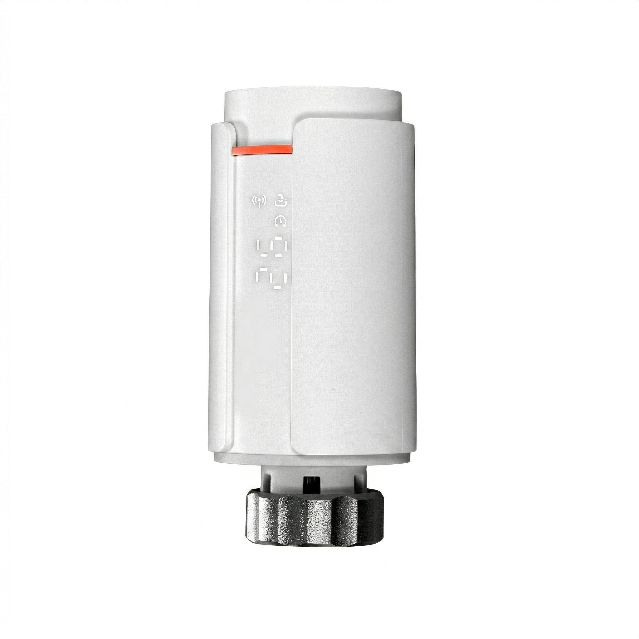 Vanne thermostatique NéoGraph Comfort blanc pur vue de face avec indicateur rouge et bague métallique.