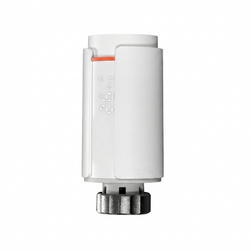 Vanne thermostatique NéoGraph Comfort blanc pur vue de face avec indicateur rouge et bague métallique.