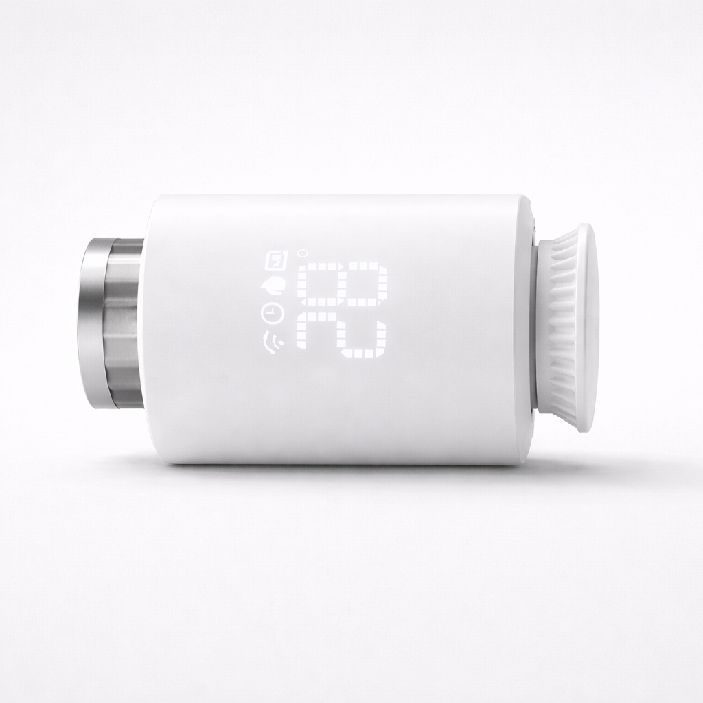 Vanne thermostatique blanche horizontale avec affichage LED.