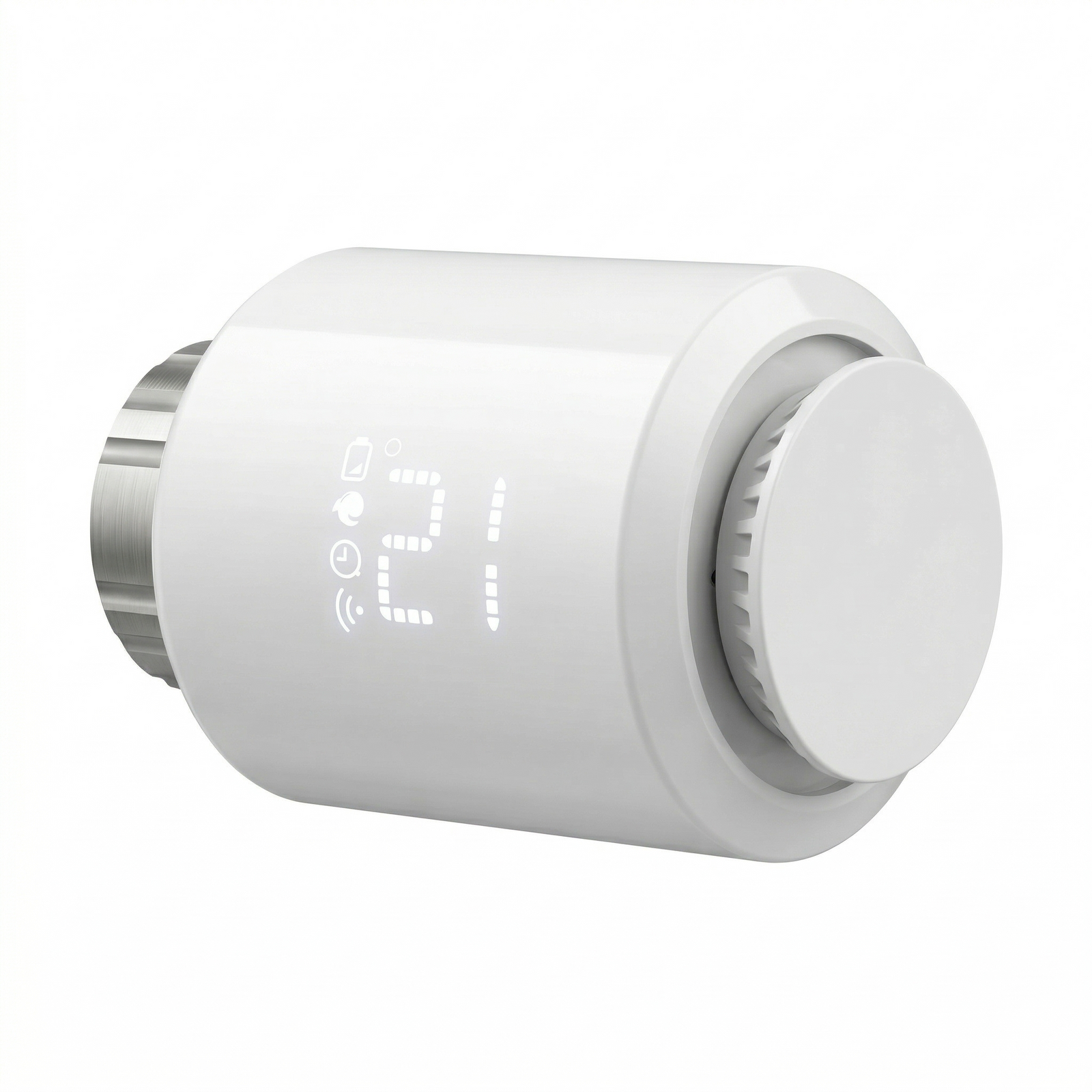 Vanne thermostatique connectée blanche vue de profil.
