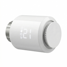 Vanne thermostatique connectée blanche vue de profil.