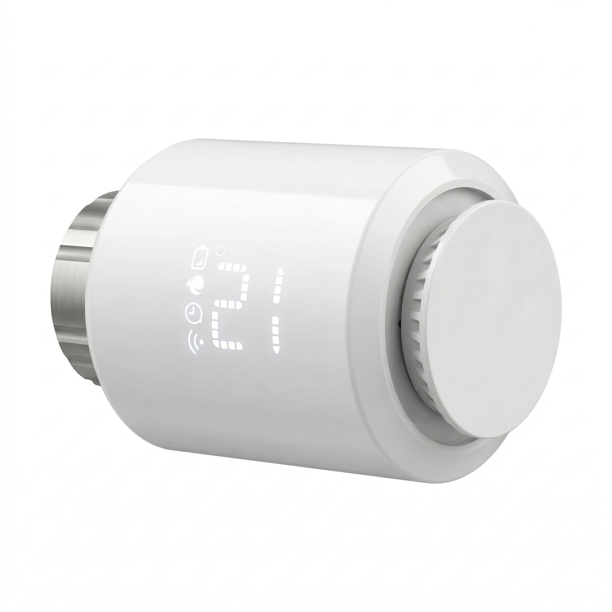 Vanne thermostatique connectée blanche vue de profil.