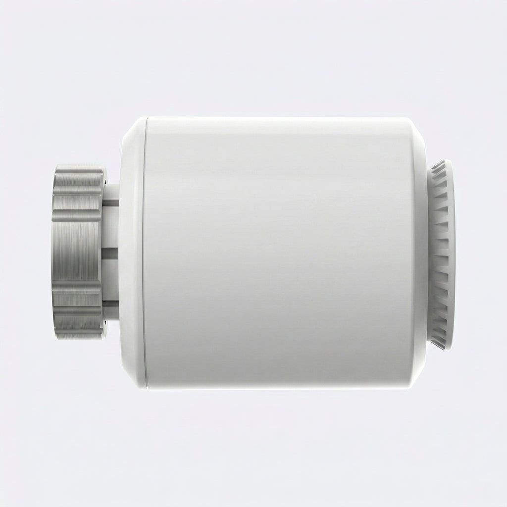 Vue latérale d’une vanne thermostatique blanche connectée.