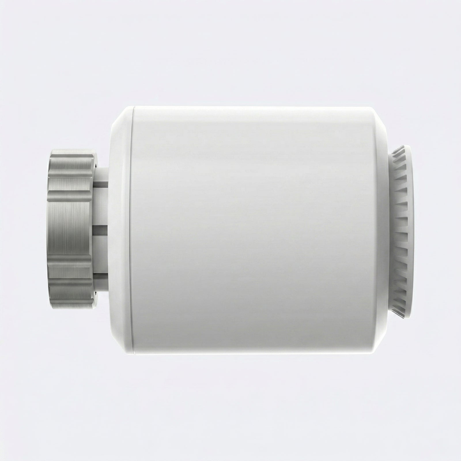 Vue latérale d’une vanne thermostatique blanche connectée.