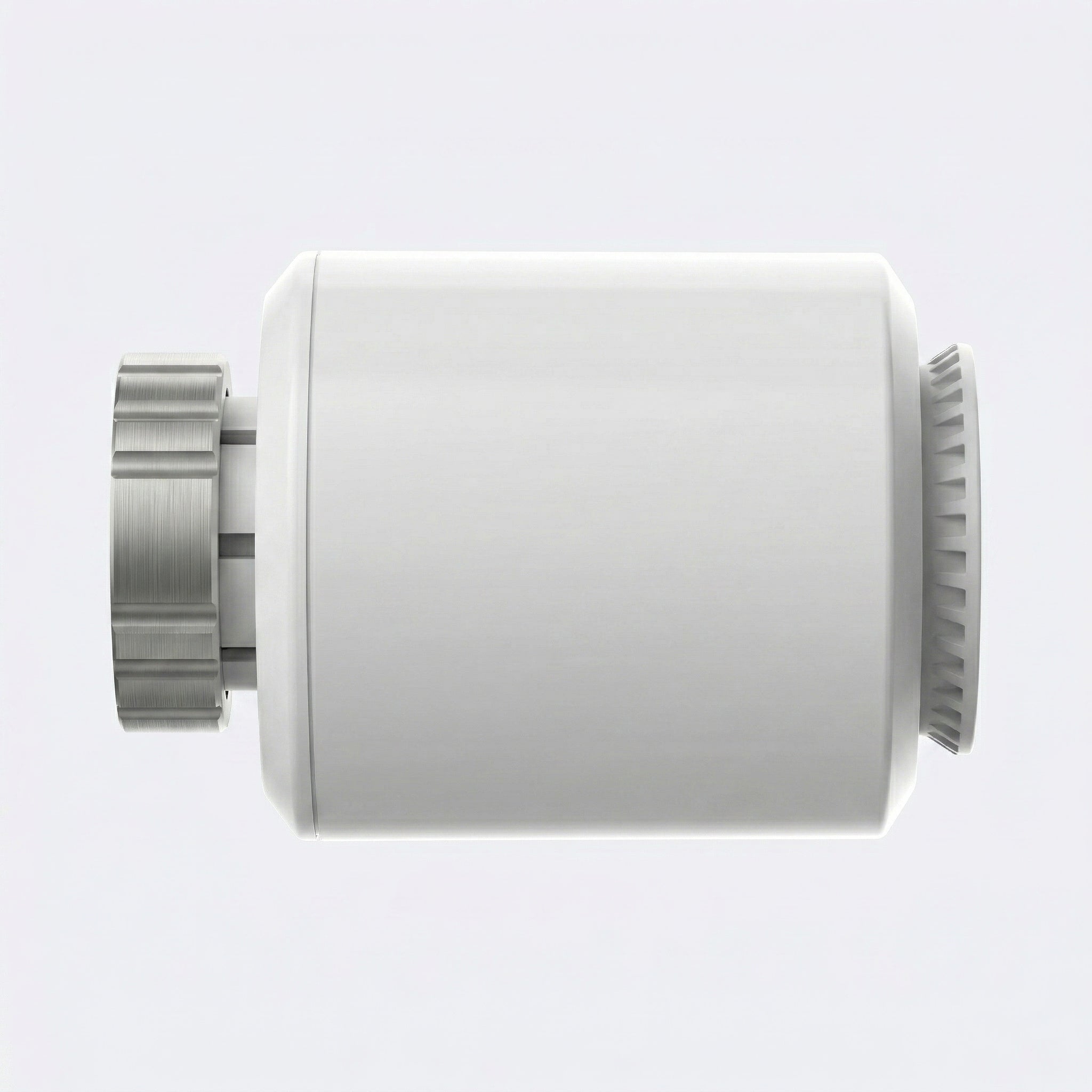 Vue latérale d’une vanne thermostatique blanche connectée.