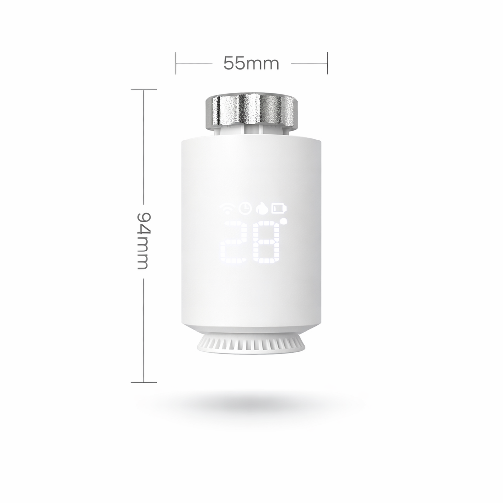 Dimensions d’une vanne thermostatique blanche avec affichage LED.