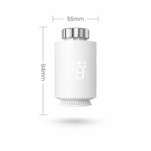 Dimensions d’une vanne thermostatique blanche avec affichage LED.