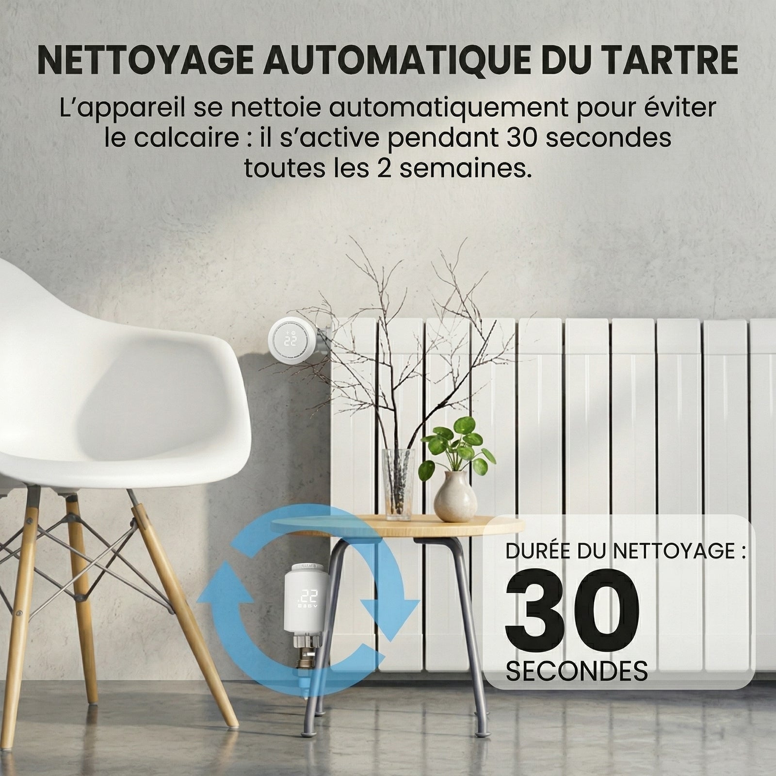 Nettoyage automatique du tartre pour vanne thermostatique sur radiateur.