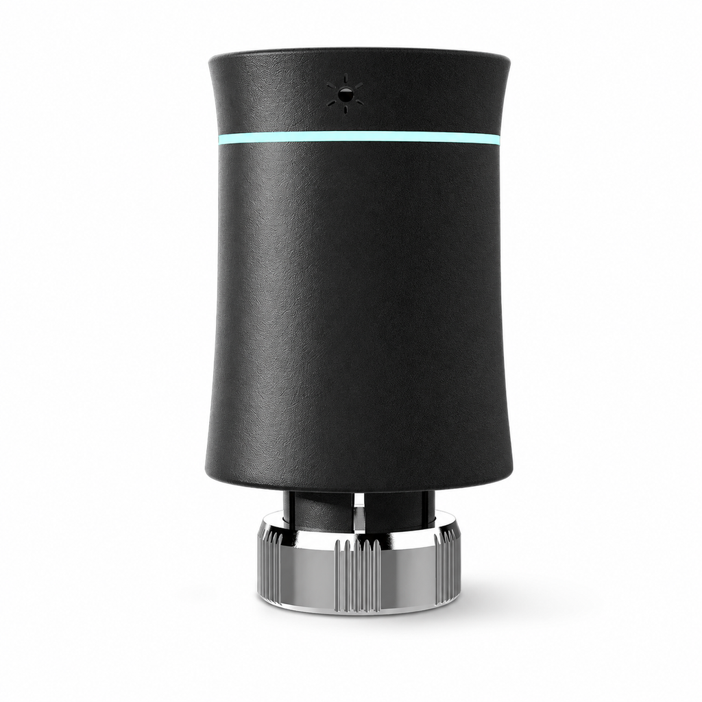 Vanne thermostatique NéoSoft Curve Comfort noir absolu vue arrière avec anneau lumineux turquoise et bague métallique.