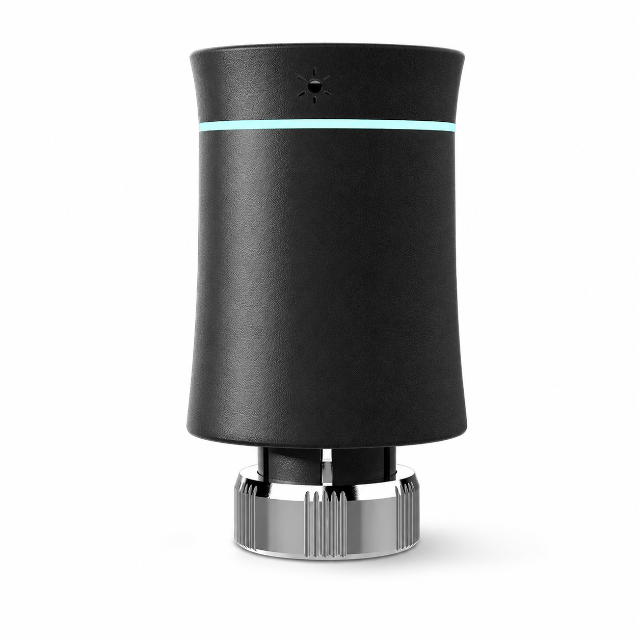 Vanne thermostatique NéoSoft Curve Comfort noir absolu vue arrière avec anneau lumineux turquoise et bague métallique.