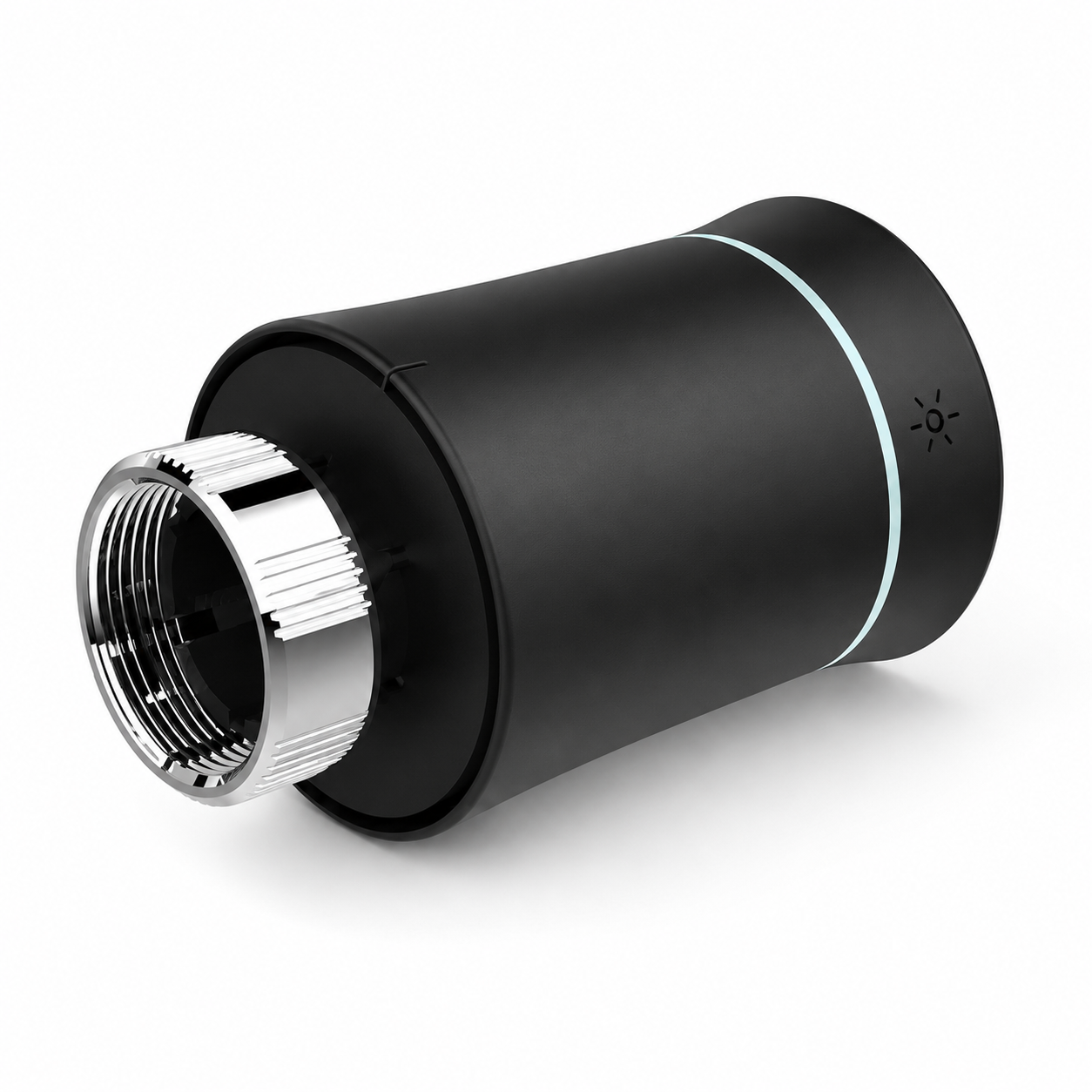 Vue de côté de la vanne thermostatique NéoSoft Curve Comfort noir absolu avec filetage et raccord métallique apparent.