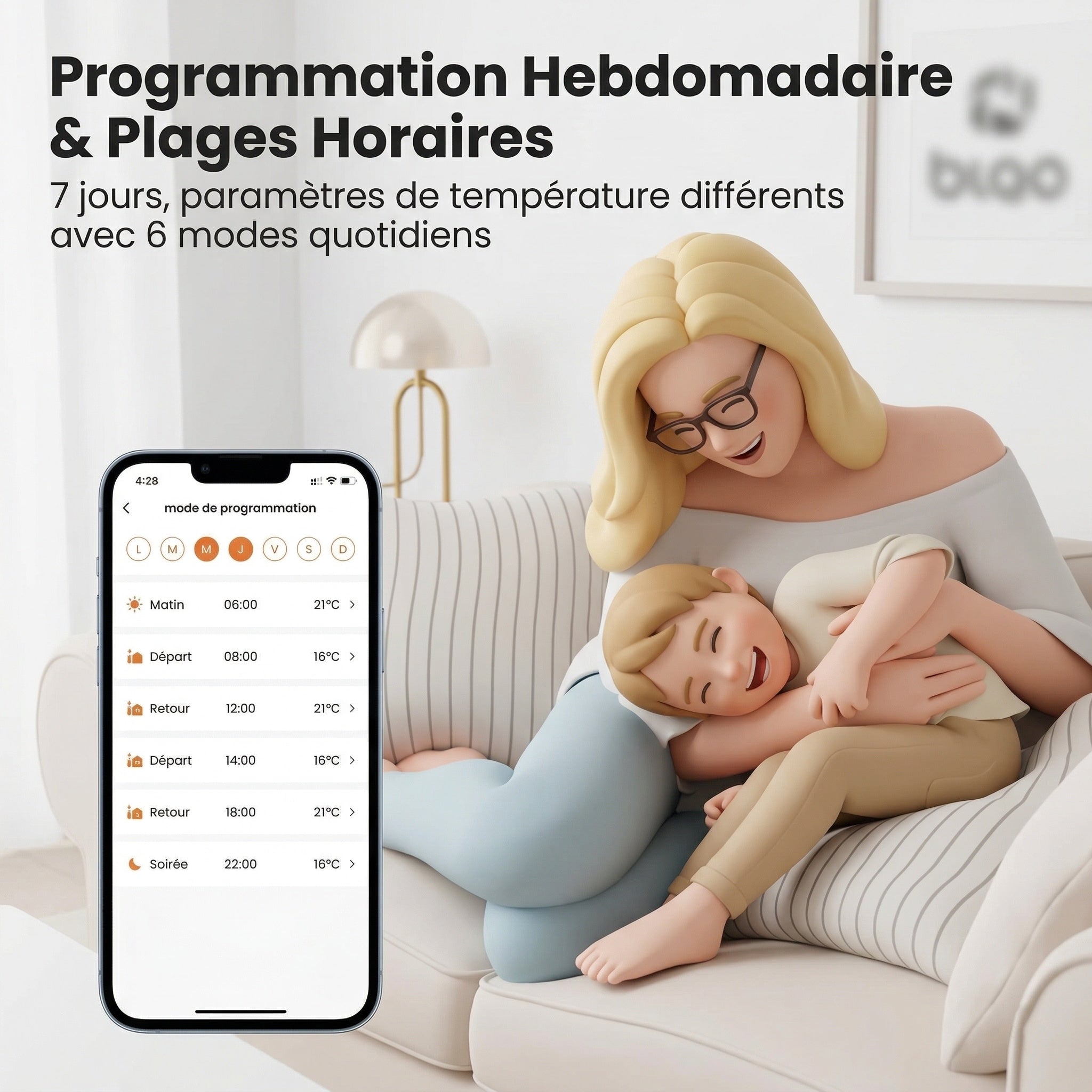 Programmation hebdomadaire d’une vanne thermostatique depuis application mobile.