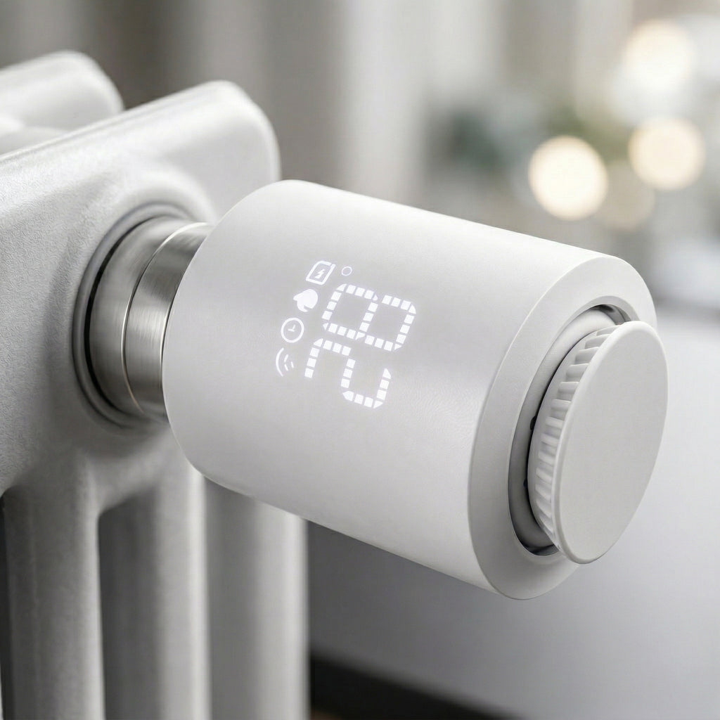 Gros plan sur une vanne thermostatique connectée avec affichage LED.
