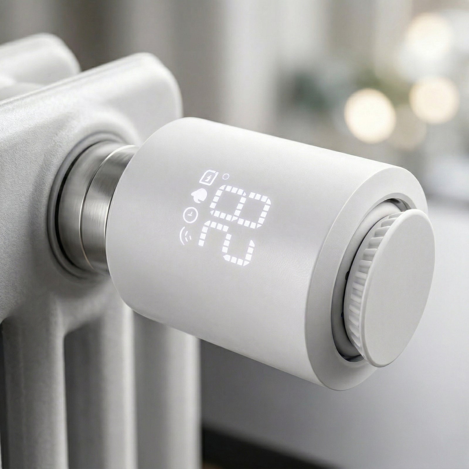Gros plan sur une vanne thermostatique connectée avec affichage LED.