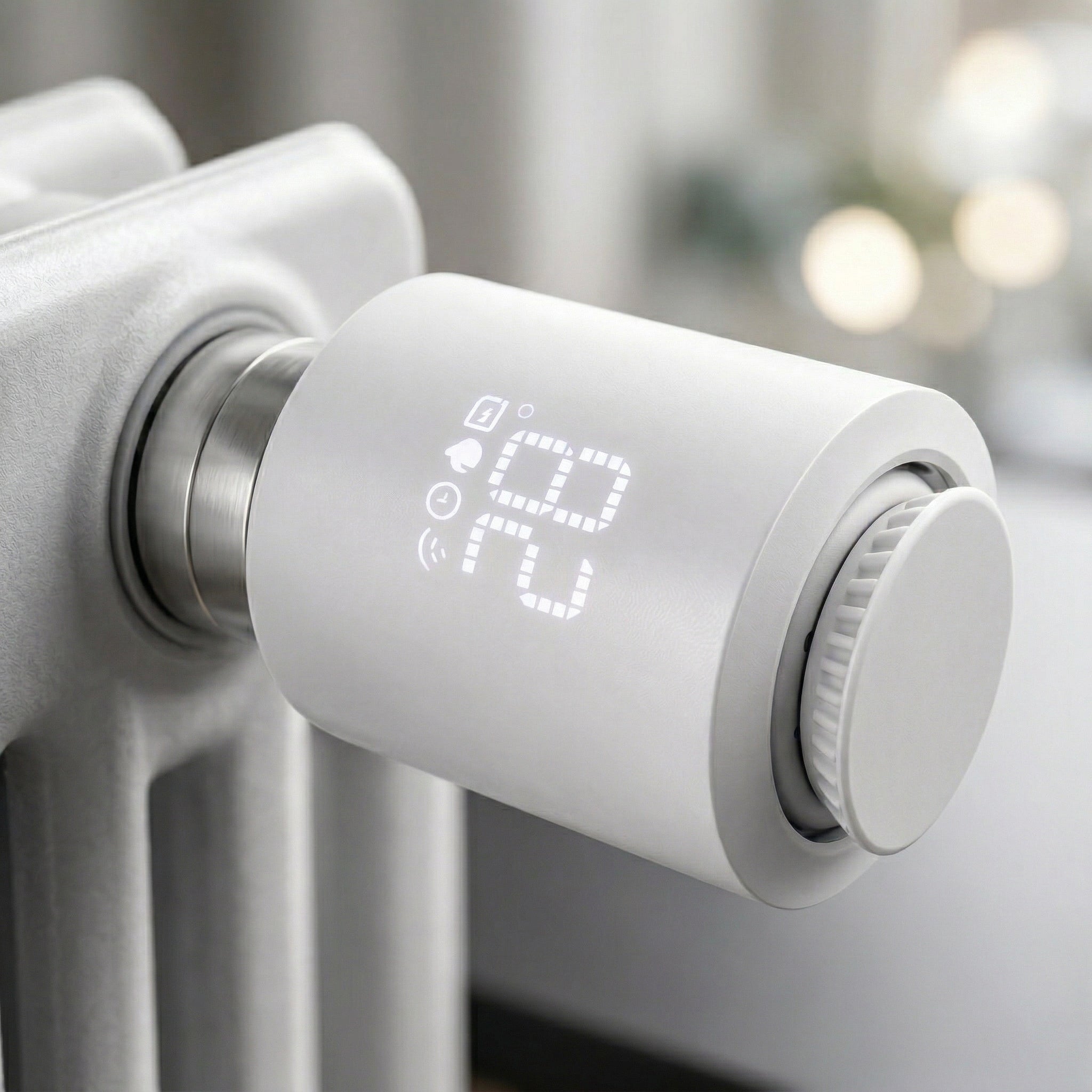 Gros plan sur une vanne thermostatique connectée avec affichage LED.