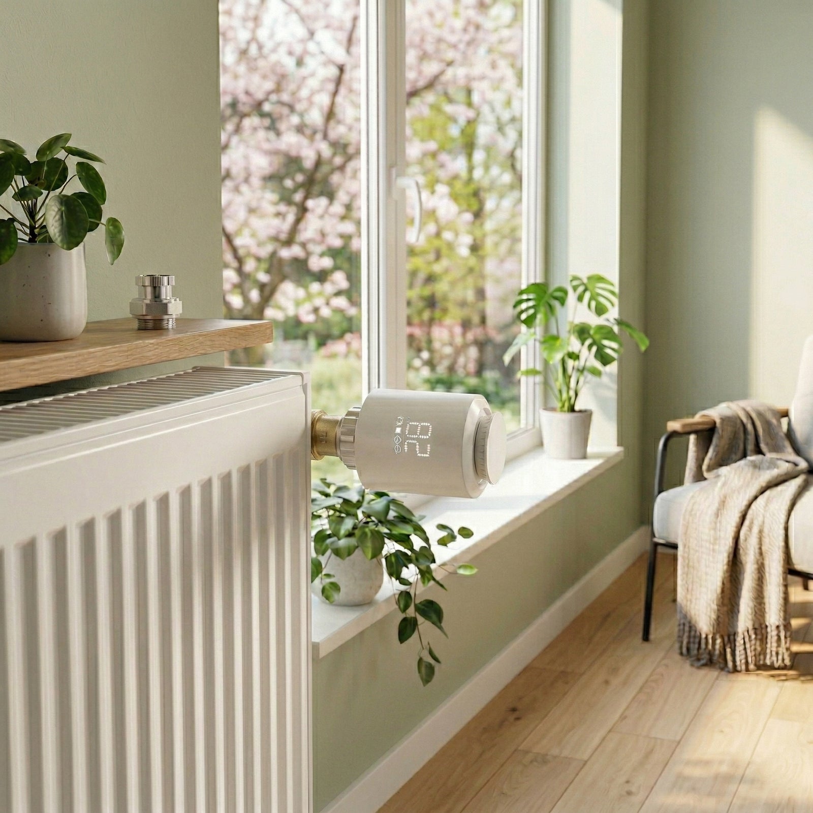 Vanne thermostatique connectée sur radiateur près d’une fenêtre.