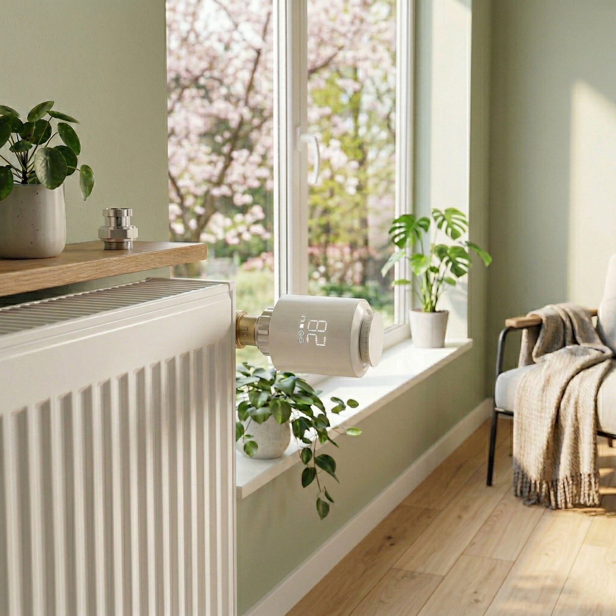 Vanne thermostatique connectée sur radiateur près d’une fenêtre.