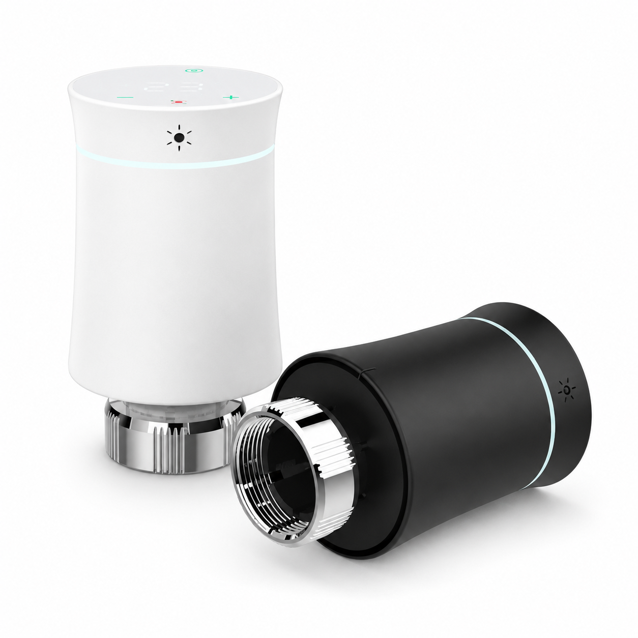 Deux vannes thermostatiques NéoSoft Curve Comfort blanc pur et noir absolu avec raccord métallique.