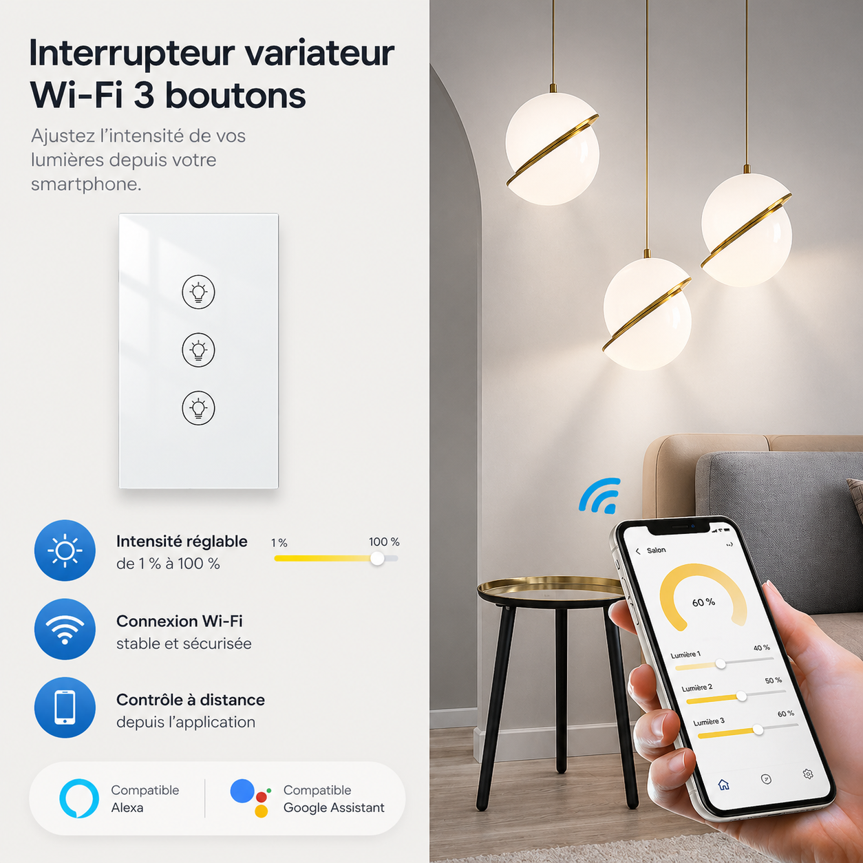 NéoMulti Dimmer blanc avec smartphone pour régler l'intensité de trois lampes suspendues.