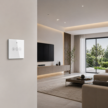 Variateur Blanc Pur installé au mur dans un salon lumineux.