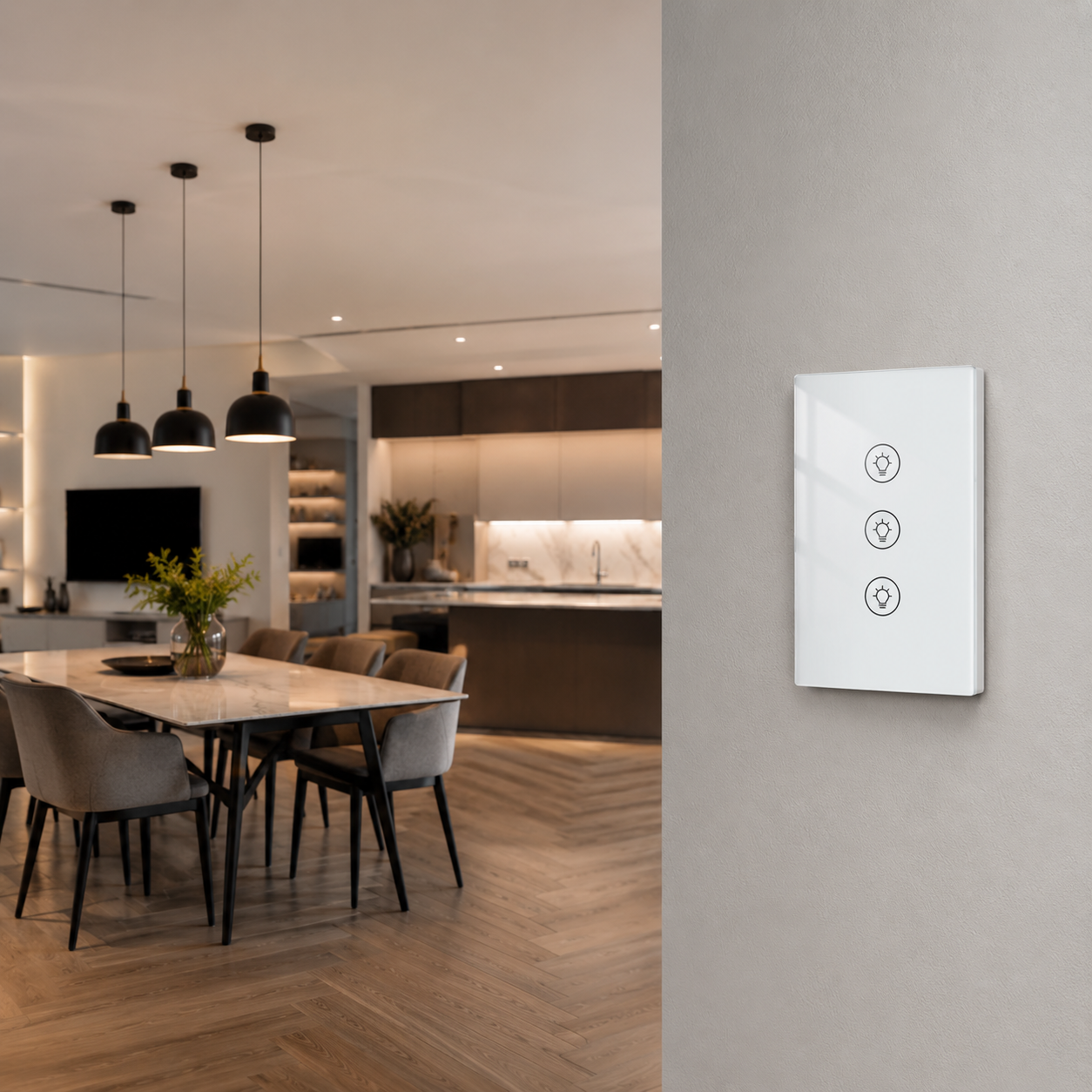 NéoMulti Dimmer blanc installé sur un mur gris dans une salle à manger avec cuisine moderne.
