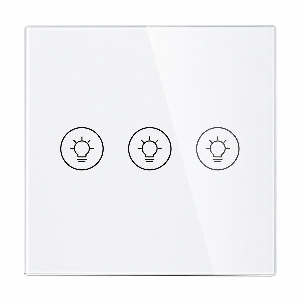 Gros plan du NeoMulti Dimmer blanc a trois touches avec icones ampoule sur facade brillante.