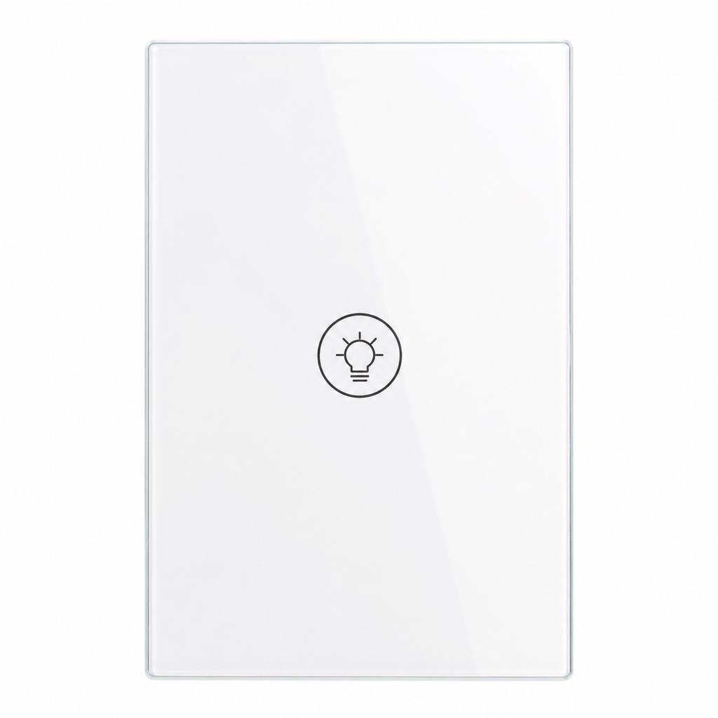 NéoMulti Dimmer blanc vertical avec une touche tactile lumineuse sur façade brillante.