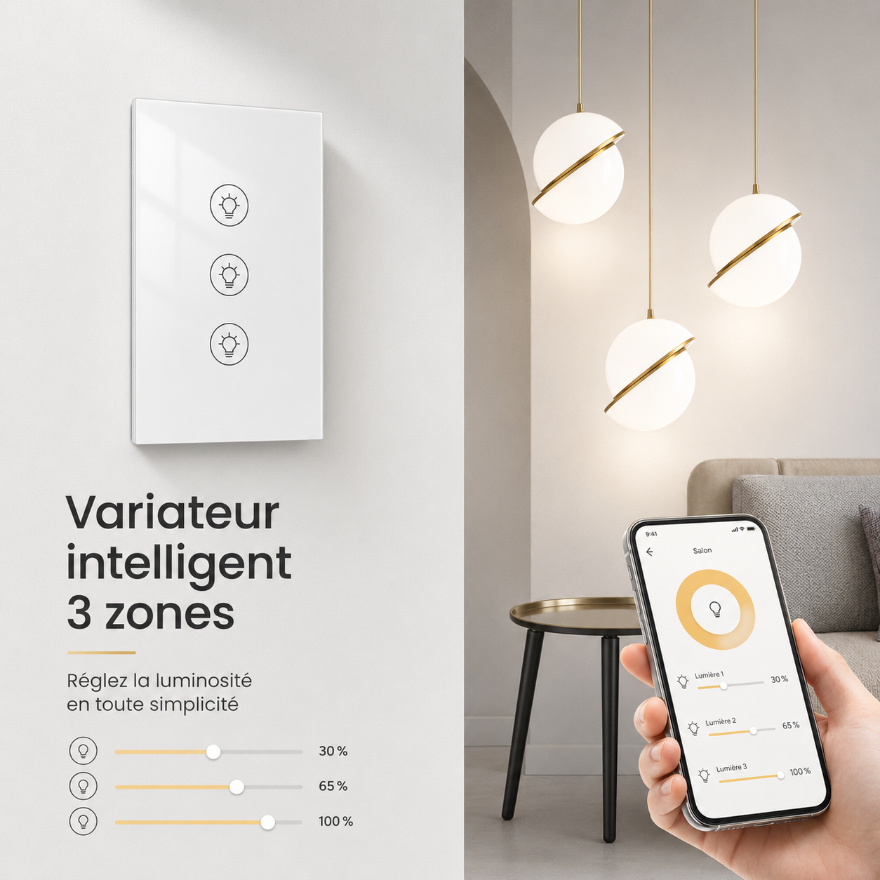 NéoMulti Dimmer blanc présenté avec smartphone pour ajuster trois zones lumineuses séparément.