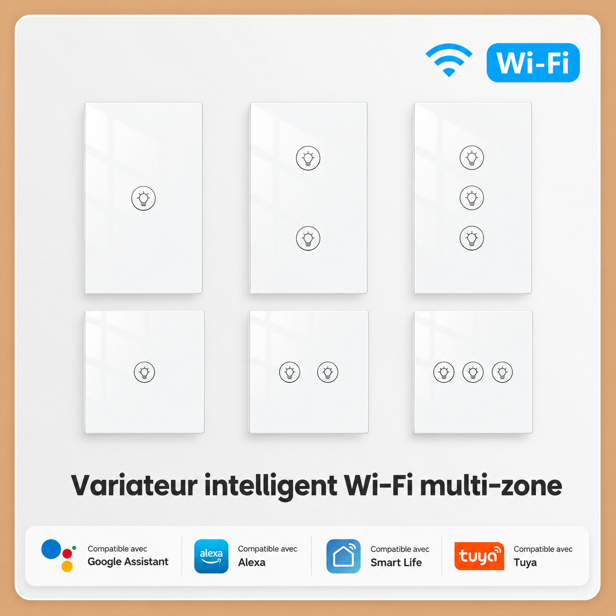 NéoMulti Dimmer Wi-Fi multi-zone présenté en plusieurs formats tactiles blancs.